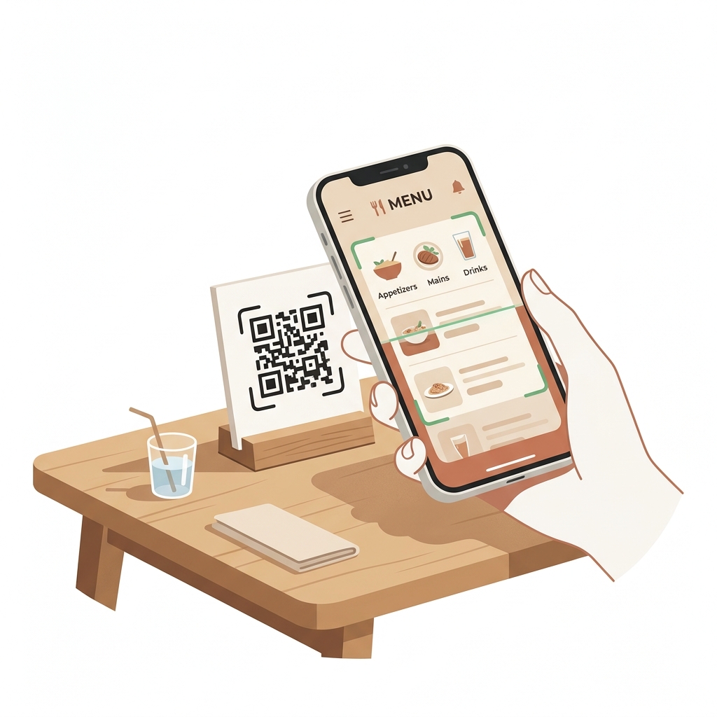 Phone scanning QR code at restaurant table